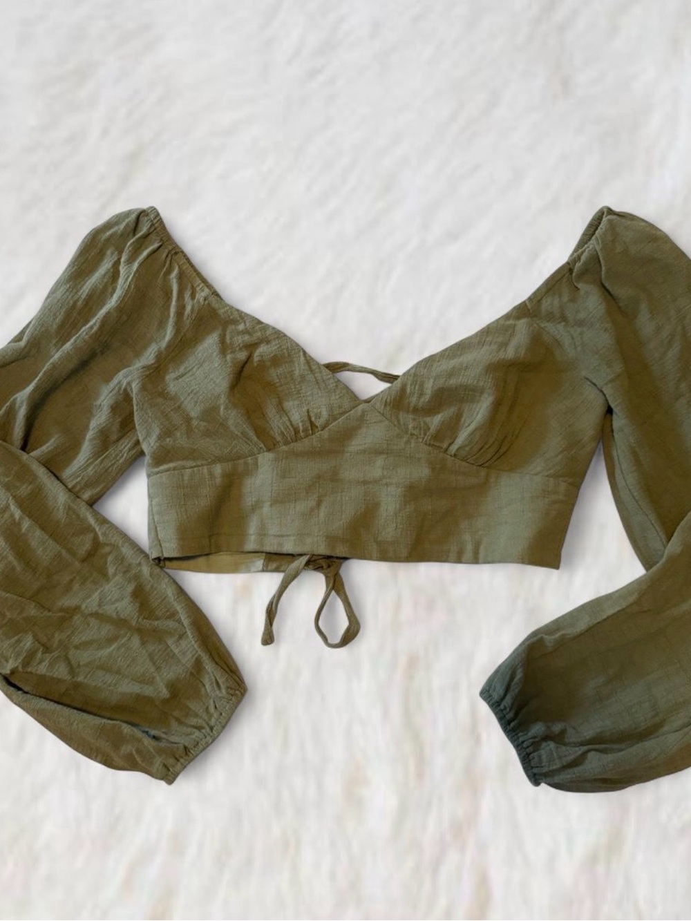 Princess Polly Olive Green Puff Sleeve Cropped Wrap Top